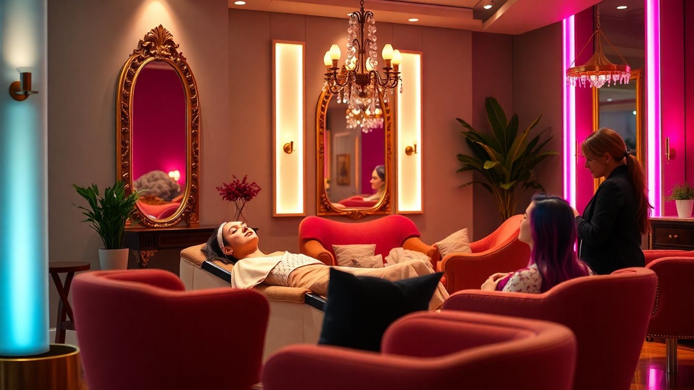 Elegant beauty salon interior with clients receiving treatments.