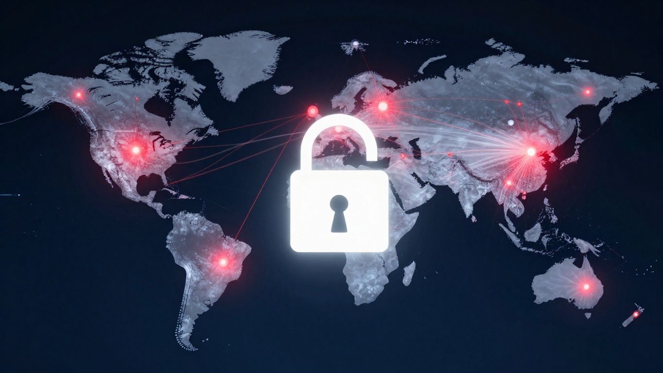 Digital supply chain with security padlock and network nodes.