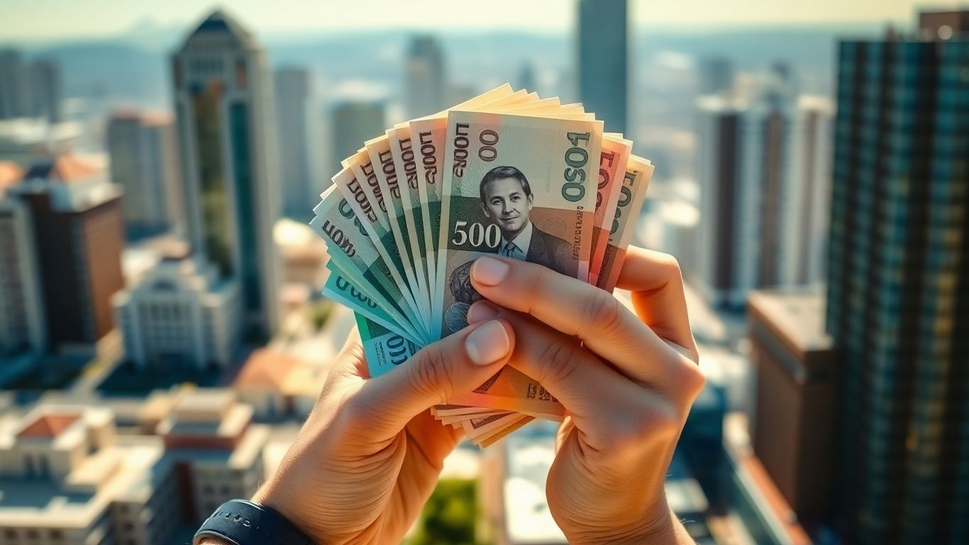 Australian money held in hand with city background.