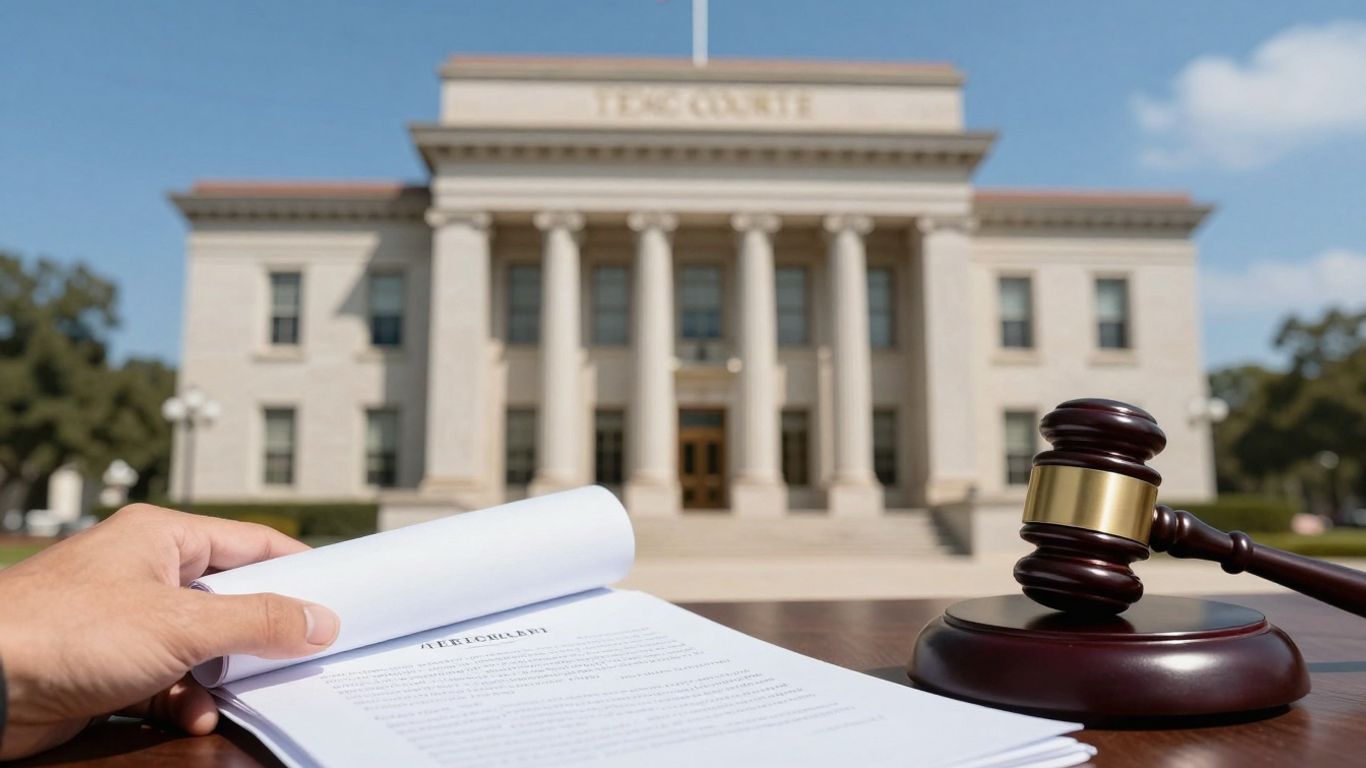 Texas courthouse with document and gavel