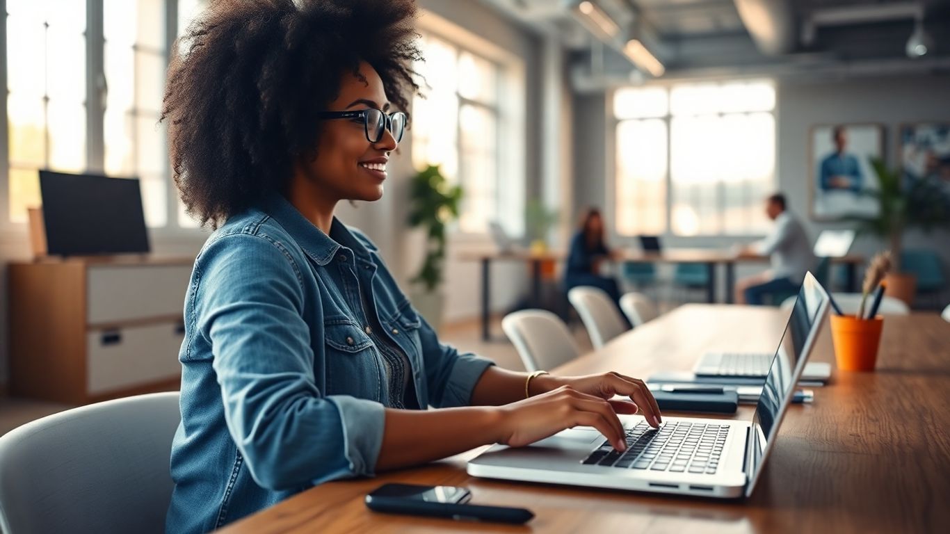 Person working on laptop in bright co-working space.