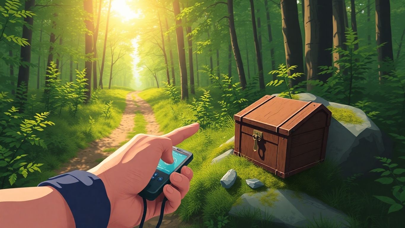 Geocaching Ausrüstung und Schatzsuche im Wald