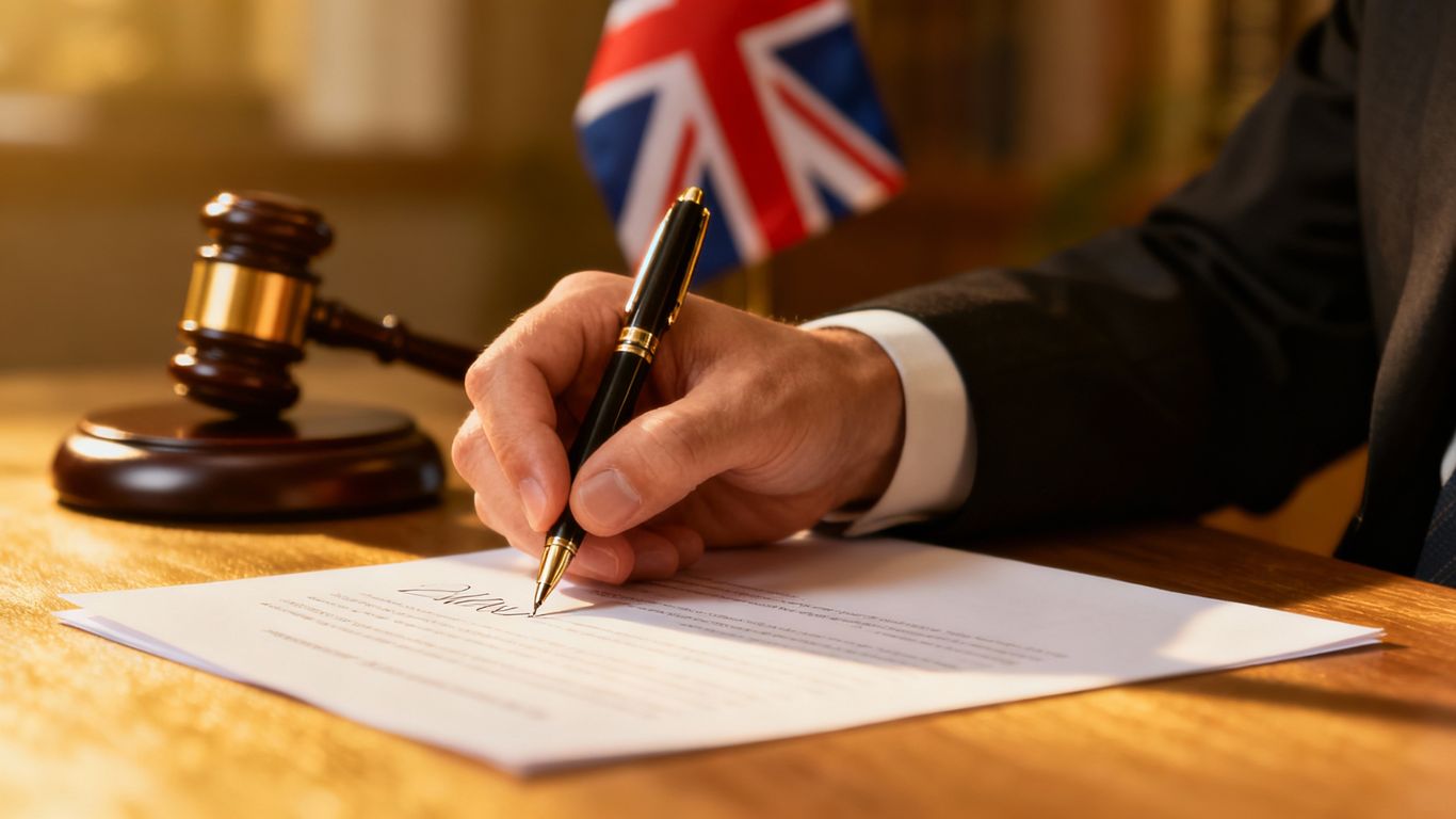 Hand signing a legal document with UK flag and gavel.