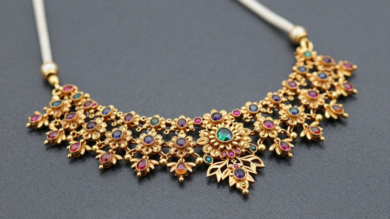 Intricate Nakshi necklace with gemstones.