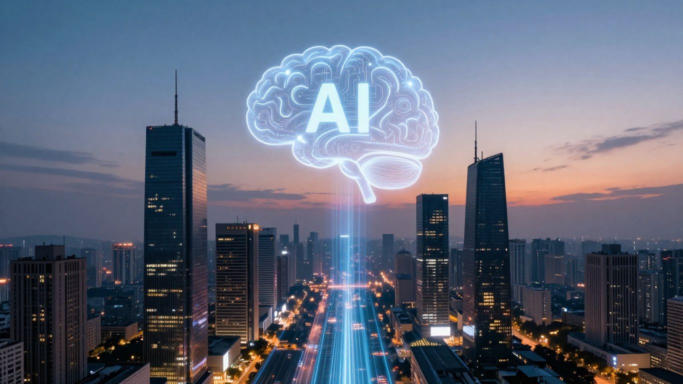 Futuristic cityscape with AI brain icon