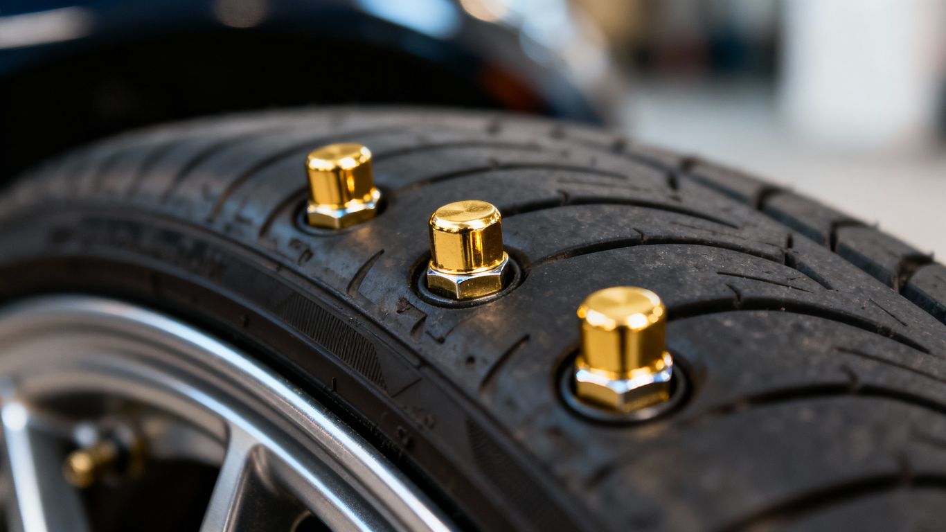 Close-up gold tire valve caps on a car wheel
