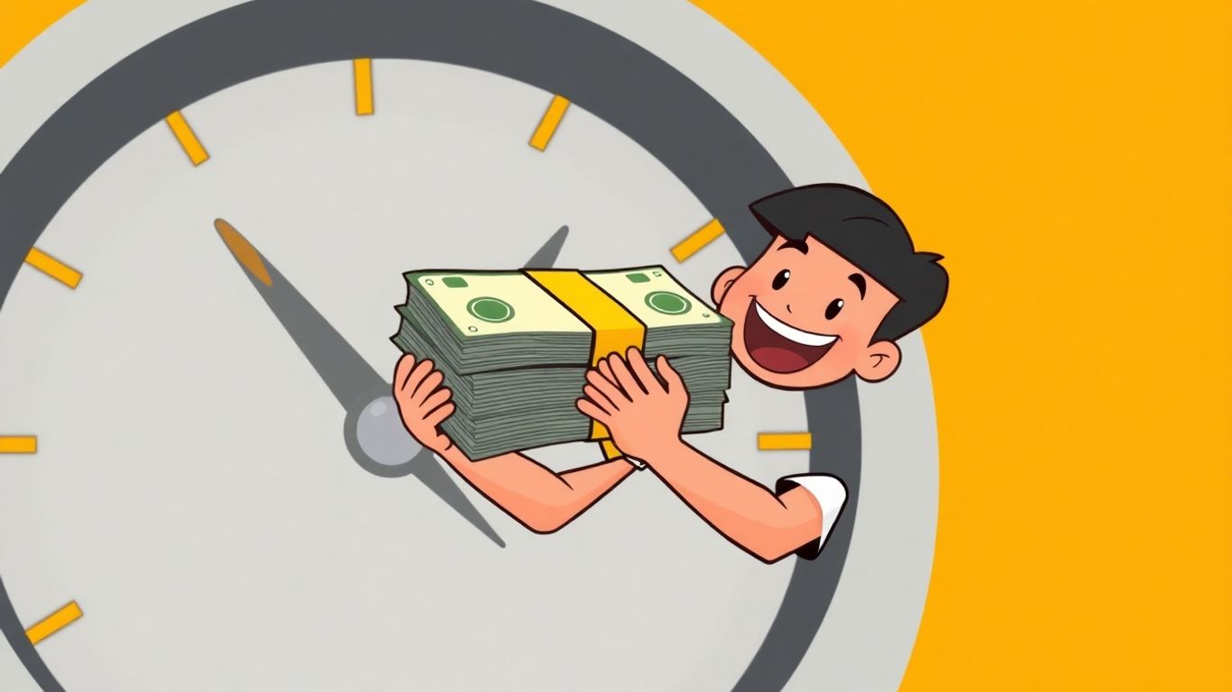 Happy person with cash and fast clock