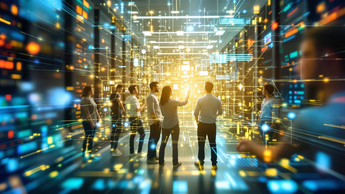 IT professionals working with digital interfaces and network lines.