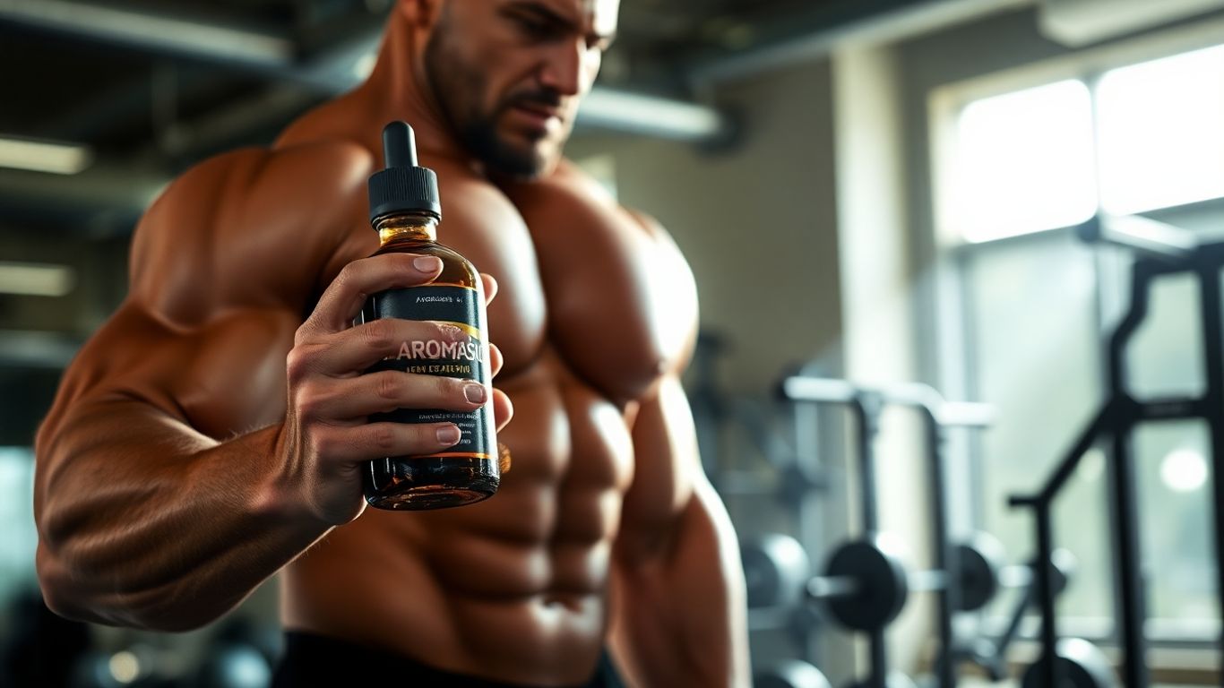 Bodybuilder with Aromasin bottle in gym
