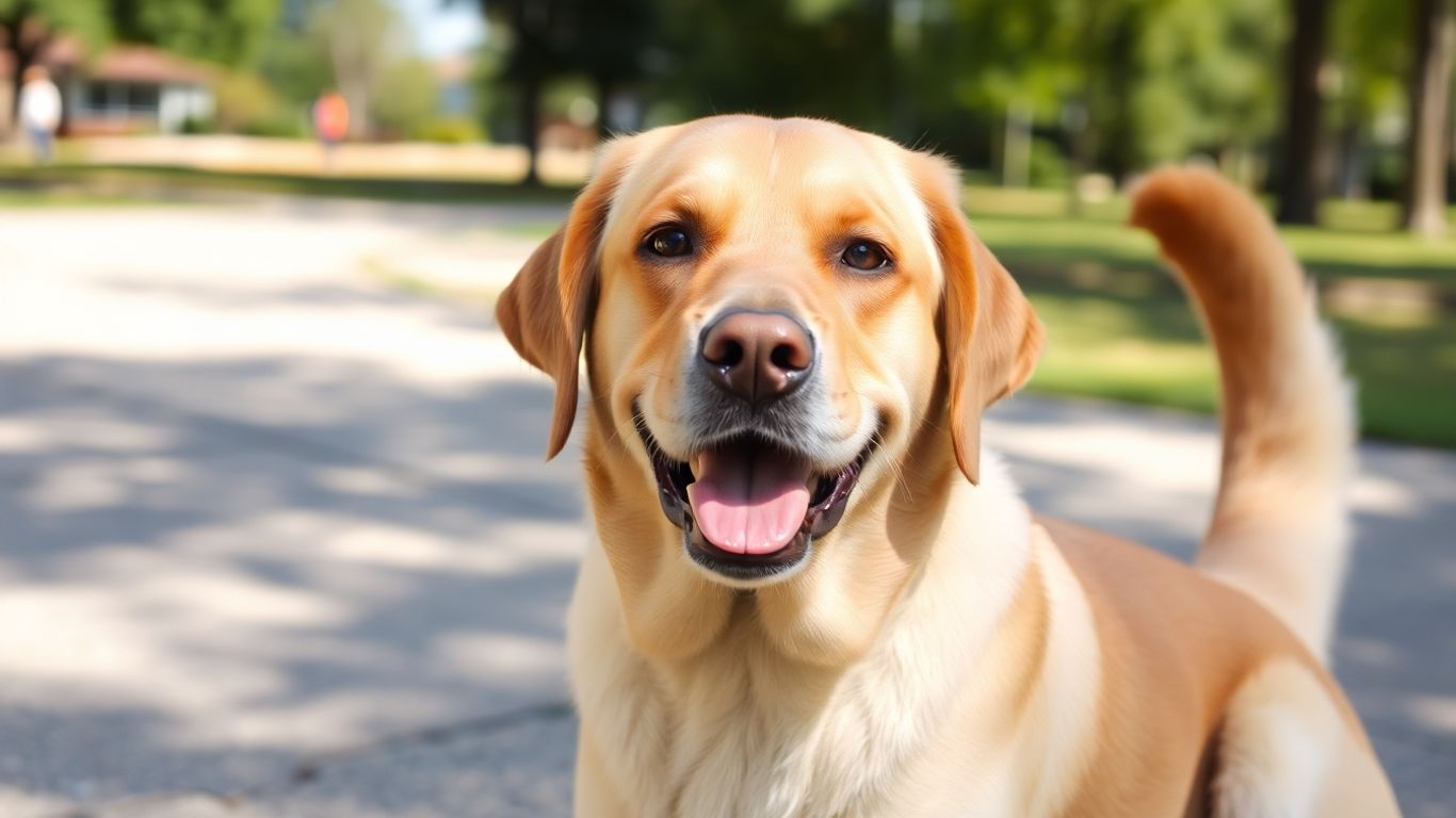 Golden Labrador Retriever sitting in a sunny park.