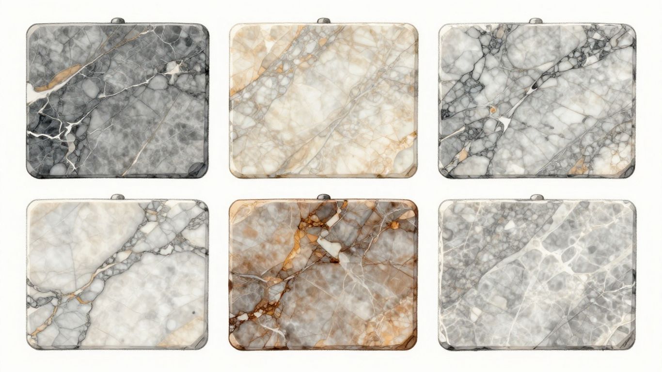 Sketch of diverse marble slabs with varied veining.