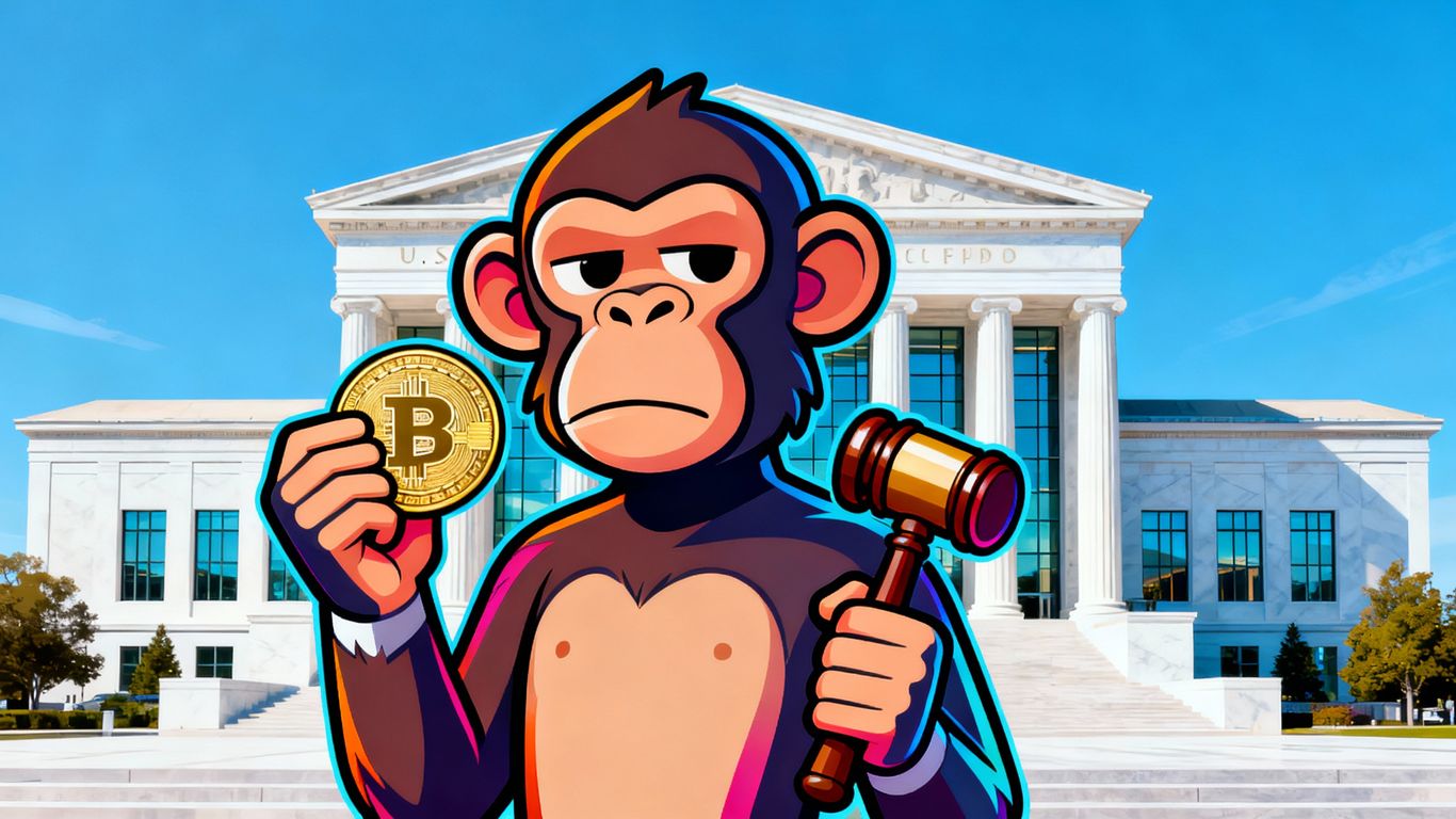 Bored Ape NFTs, coins, and a courthouse background