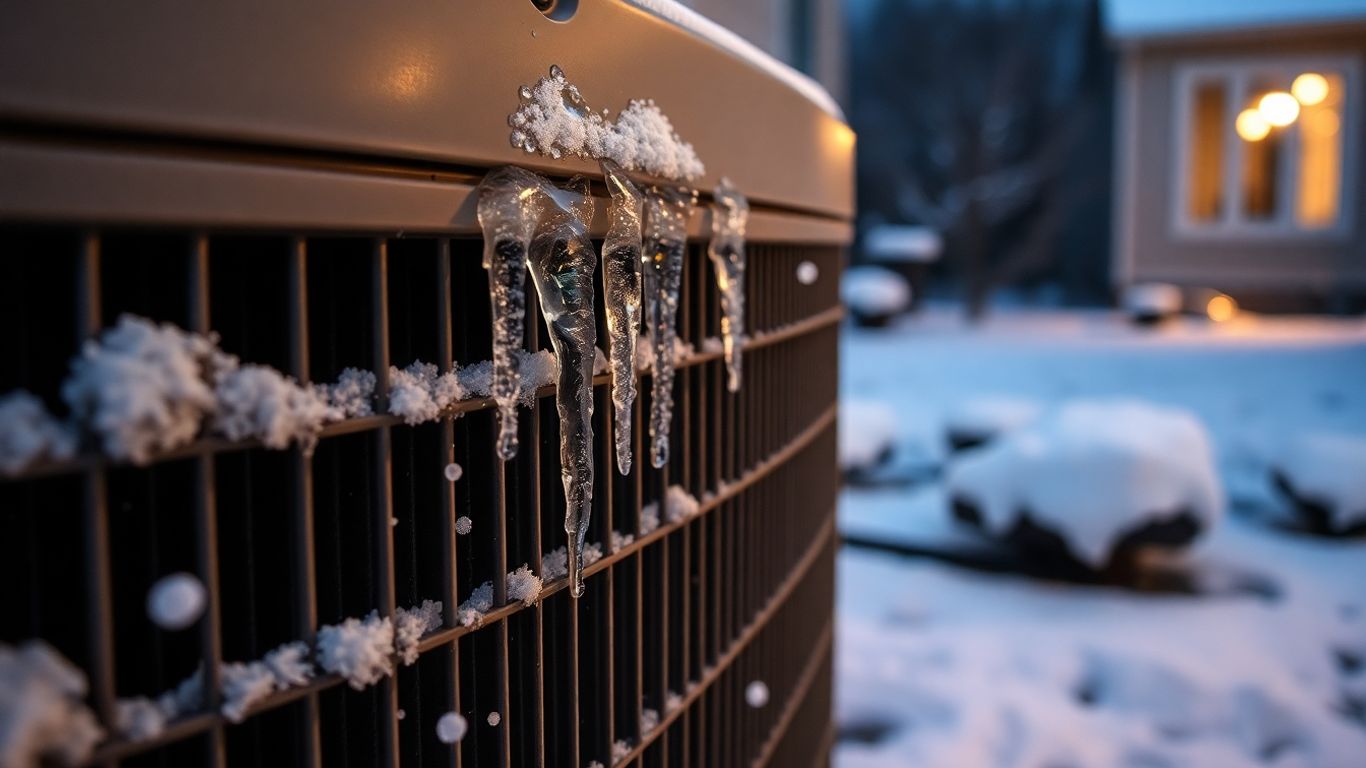 Winter HVAC unit covered in frost and snow.