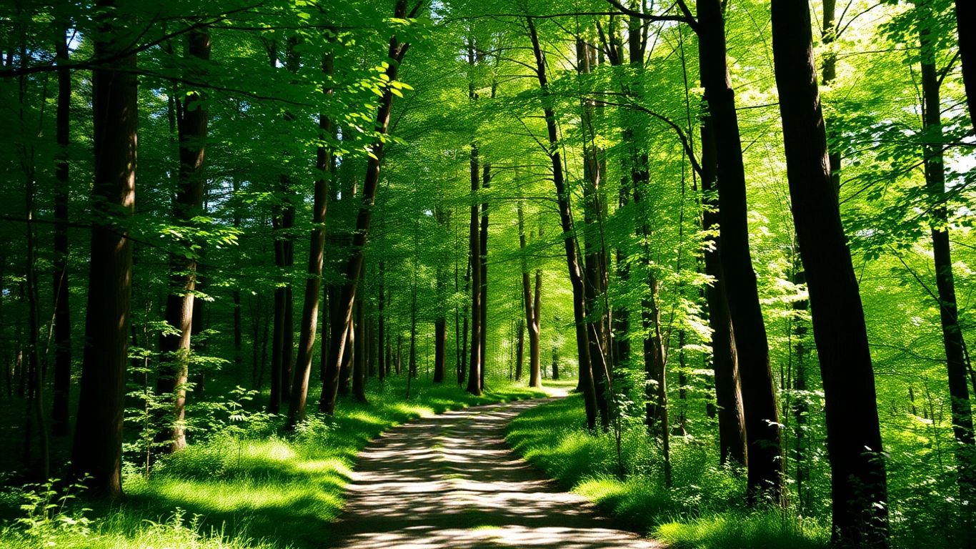 Tranquil forest path bathed in sunlight.