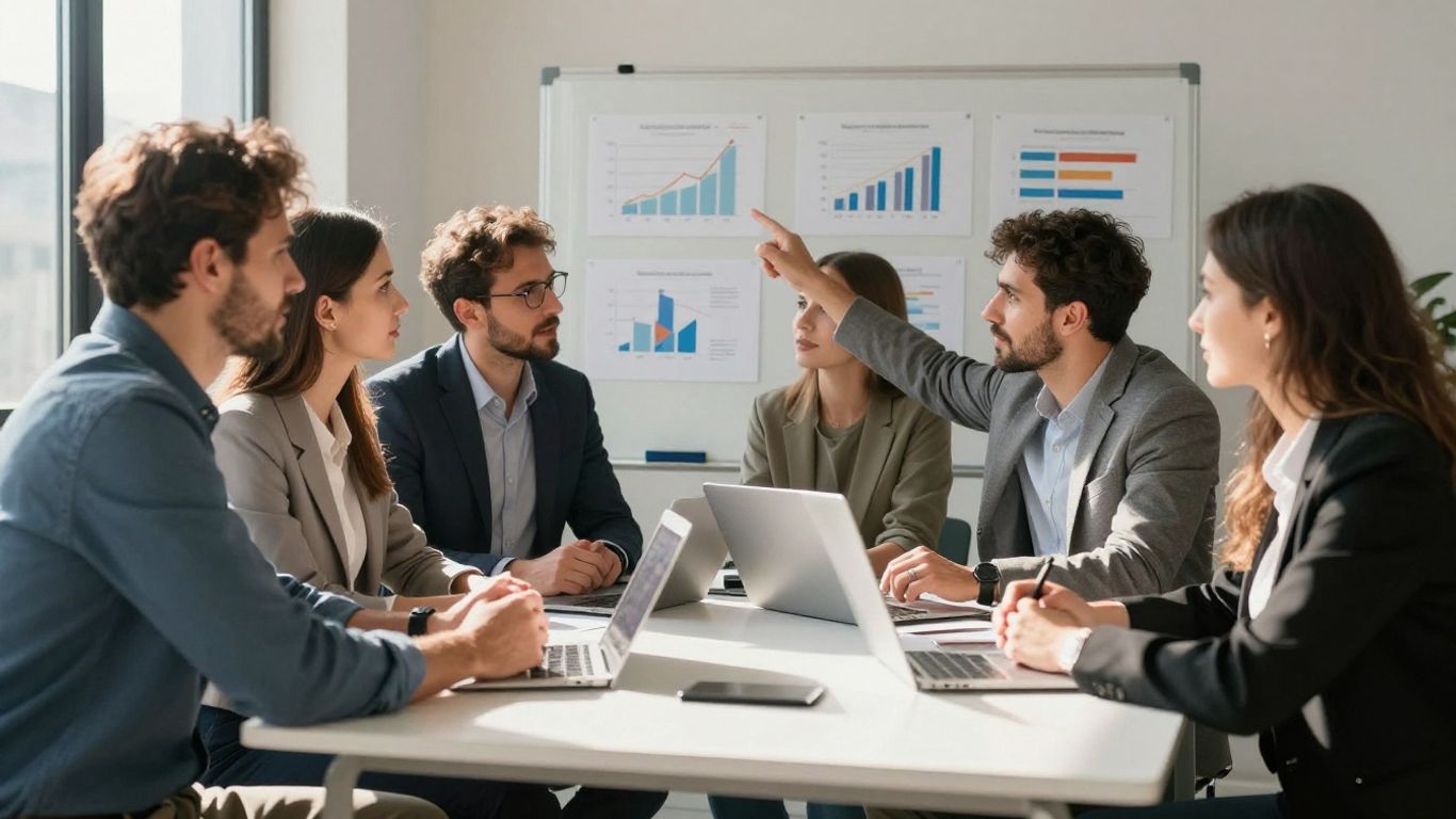 Vergadering van een verkoopteam met focus op strategie.