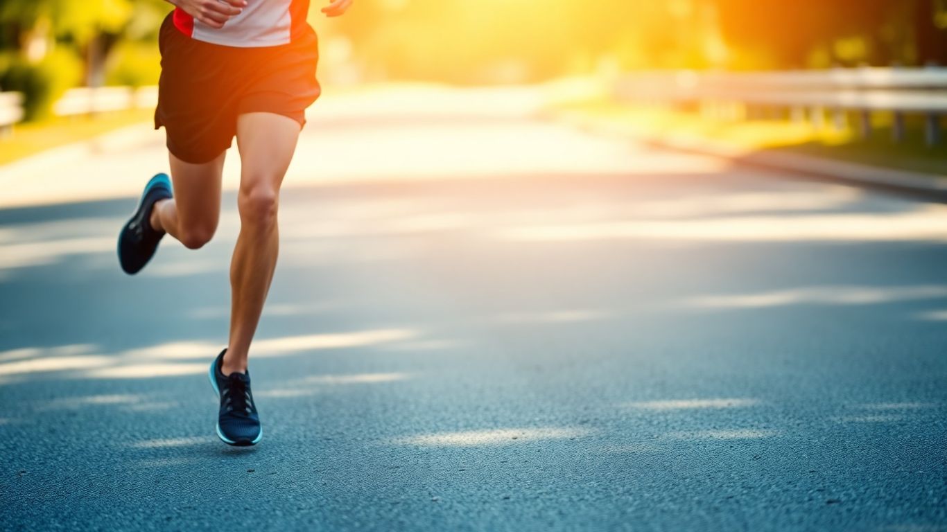Runner's determined stride during a marathon race.