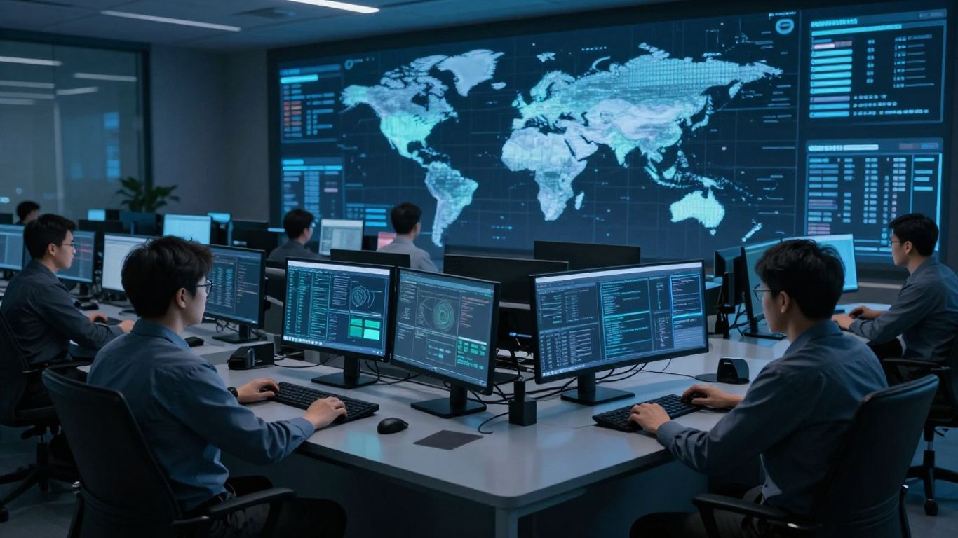 Modern SOC analysts at computer screens with digital maps