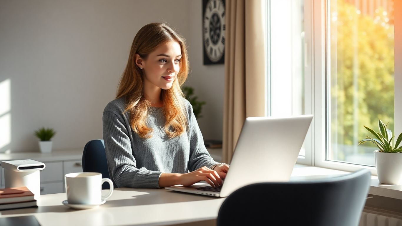 Australian woman typing on laptop at home desk