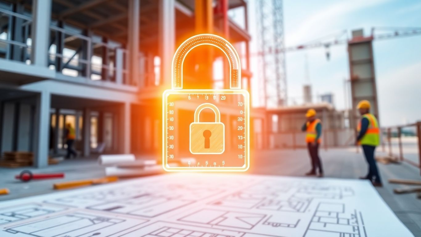 Construction site with digital padlock and blueprint.