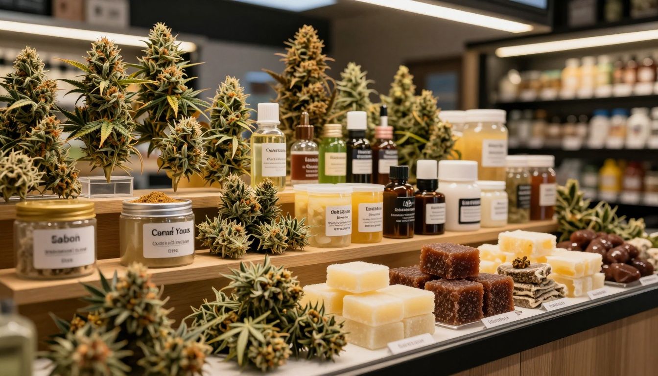 Cannabis products displayed in a modern dispensary.