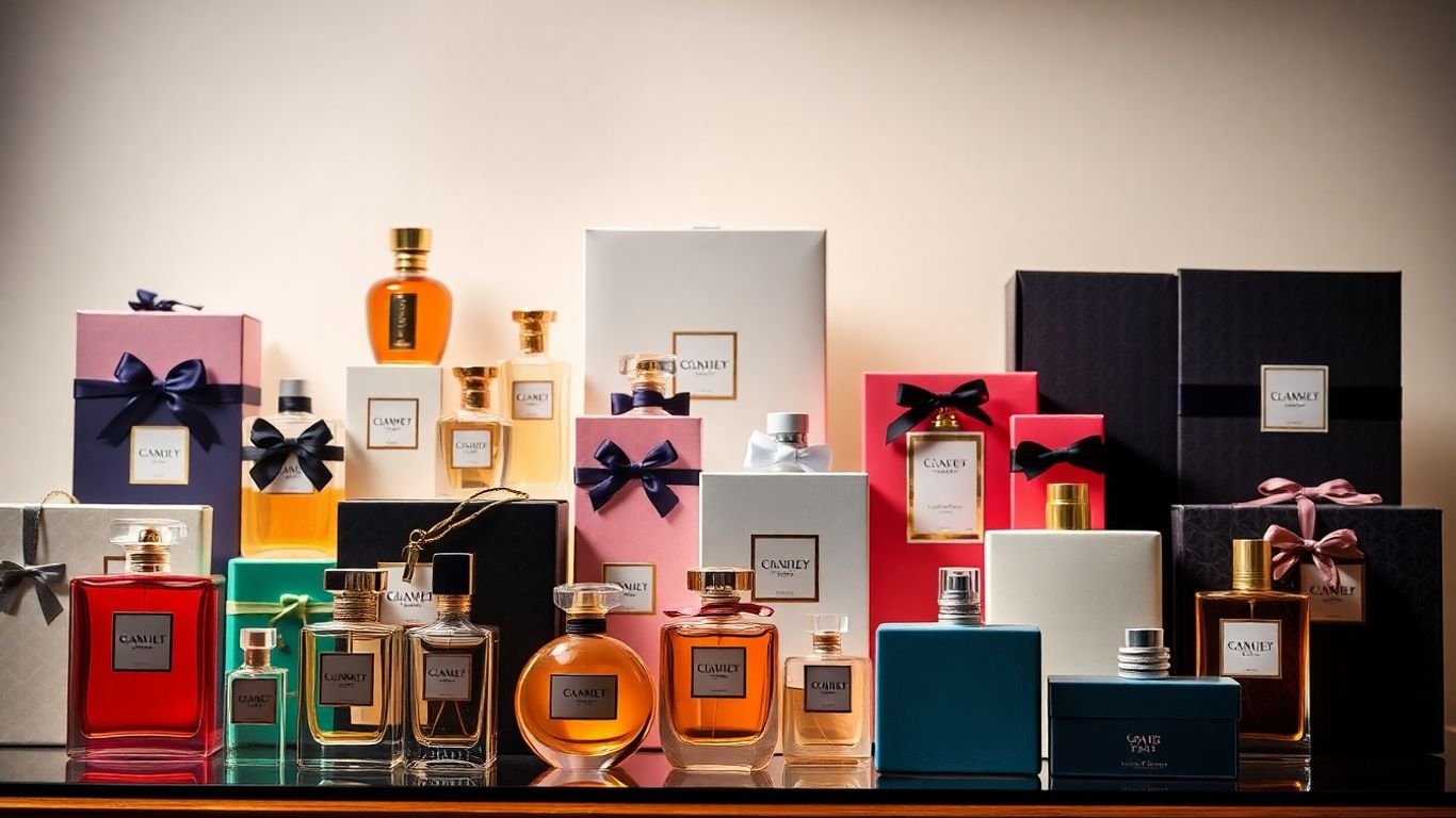Elegant perfume bottles and gift sets arranged attractively.
