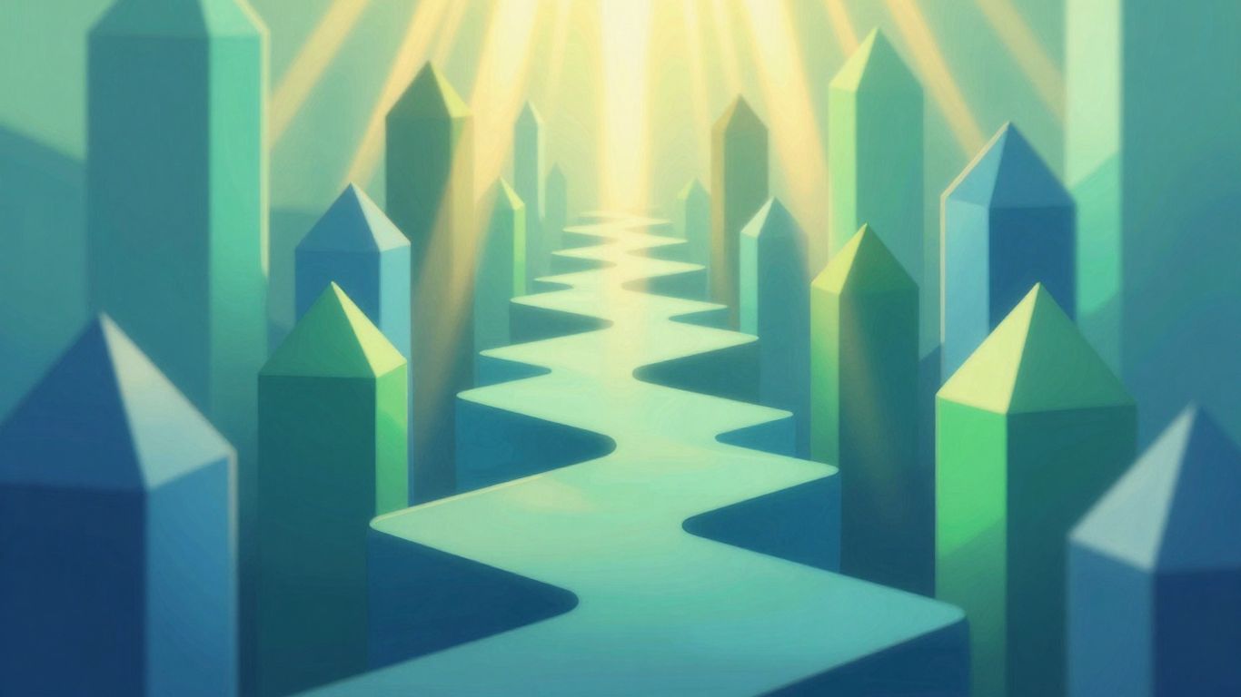 Abstract upward trend with geometric shapes and golden light.