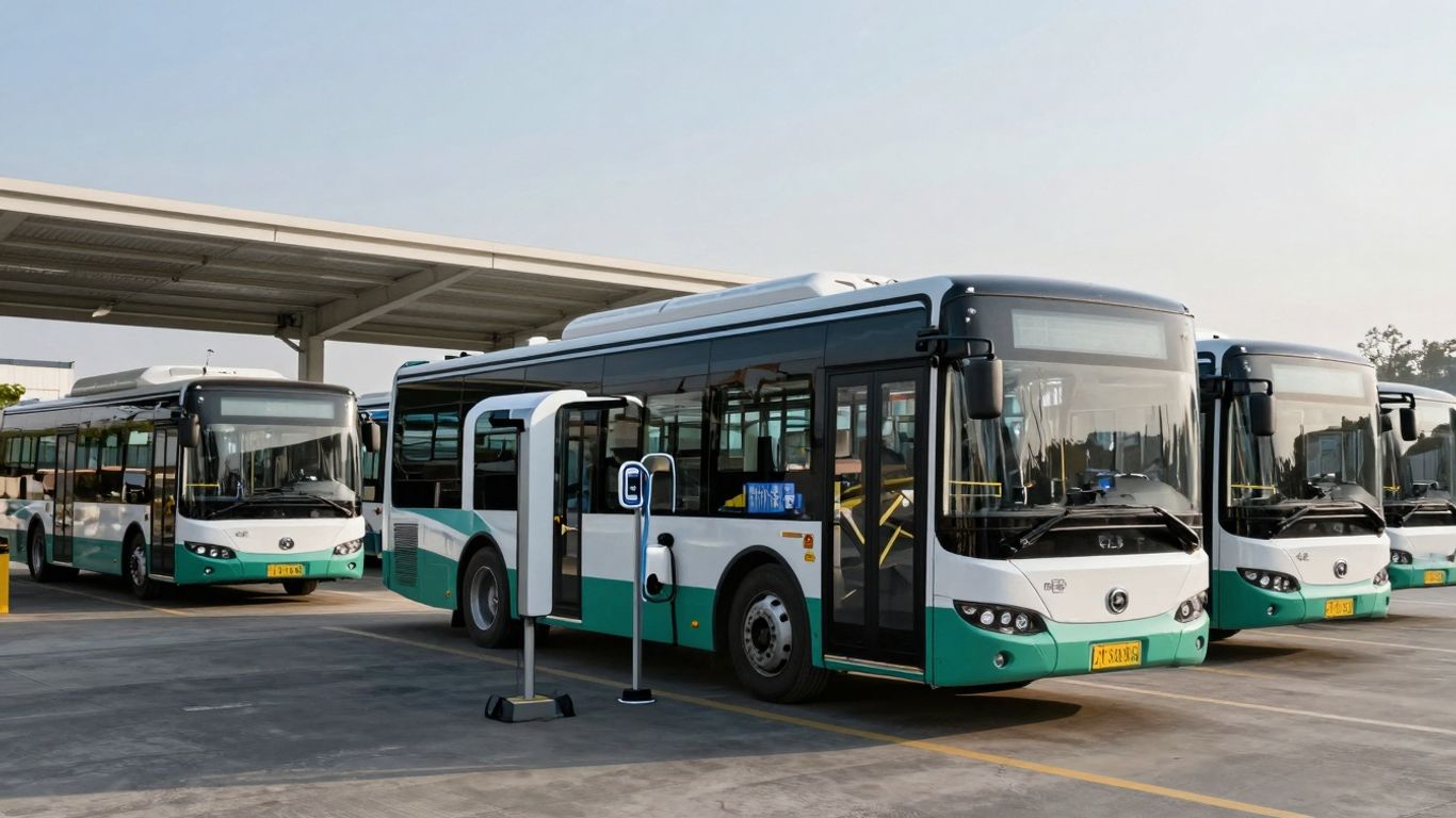 Bus électrique moderne en charge dans un dépôt.