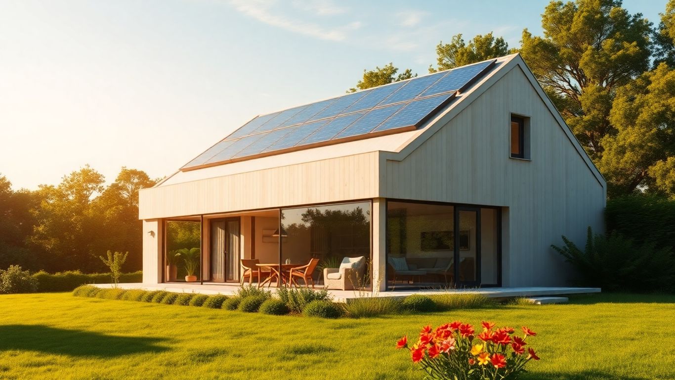 Casă pasivă modernă cu panouri solare în peisaj verde.