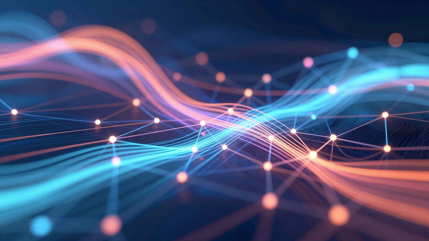 Abstract digital landscape with glowing nodes and pathways.