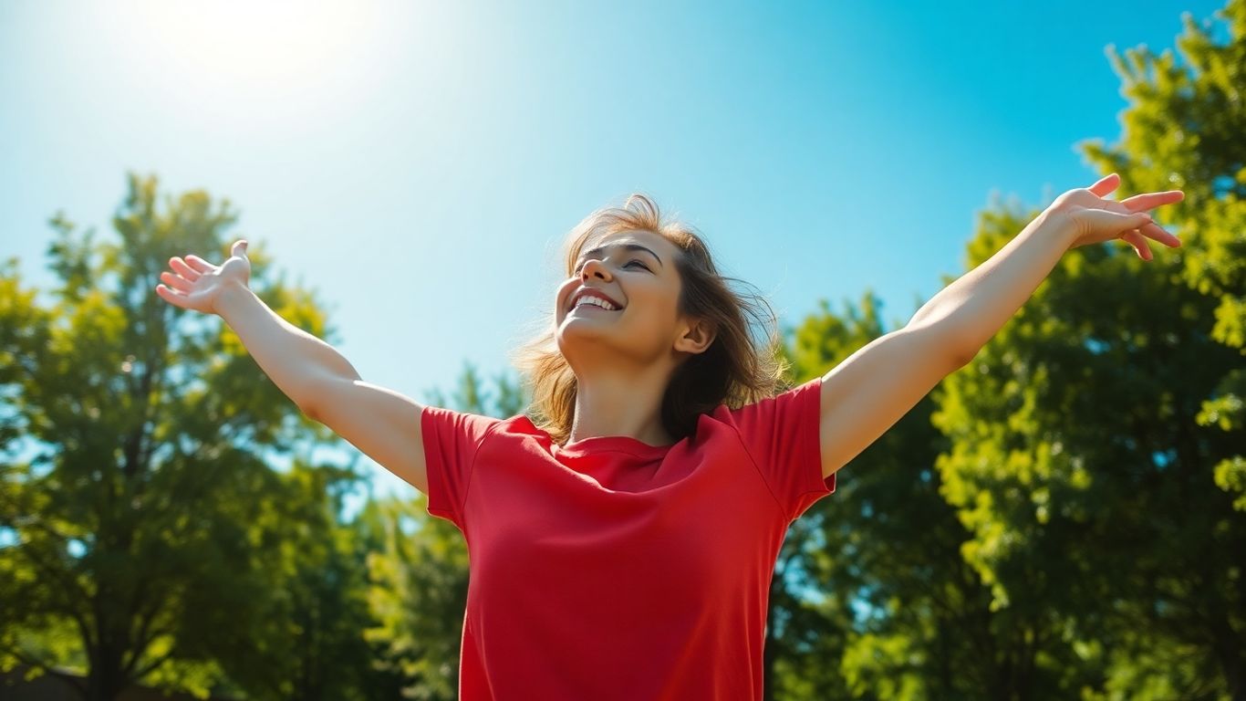 Person stretching outdoors with trees and sky.