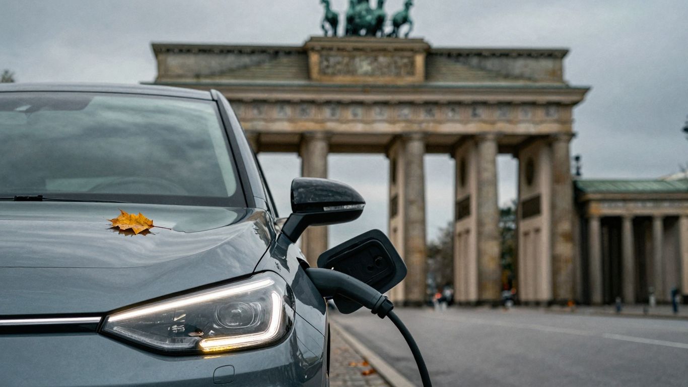 German electric car unplugged, Brandenburg Gate background.