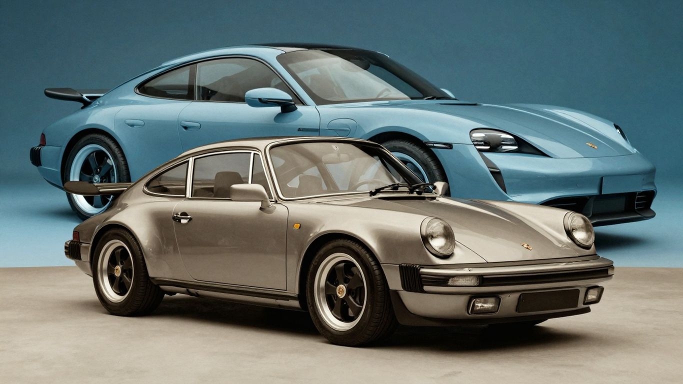 Vintage and modern Porsche cars side-by-side.