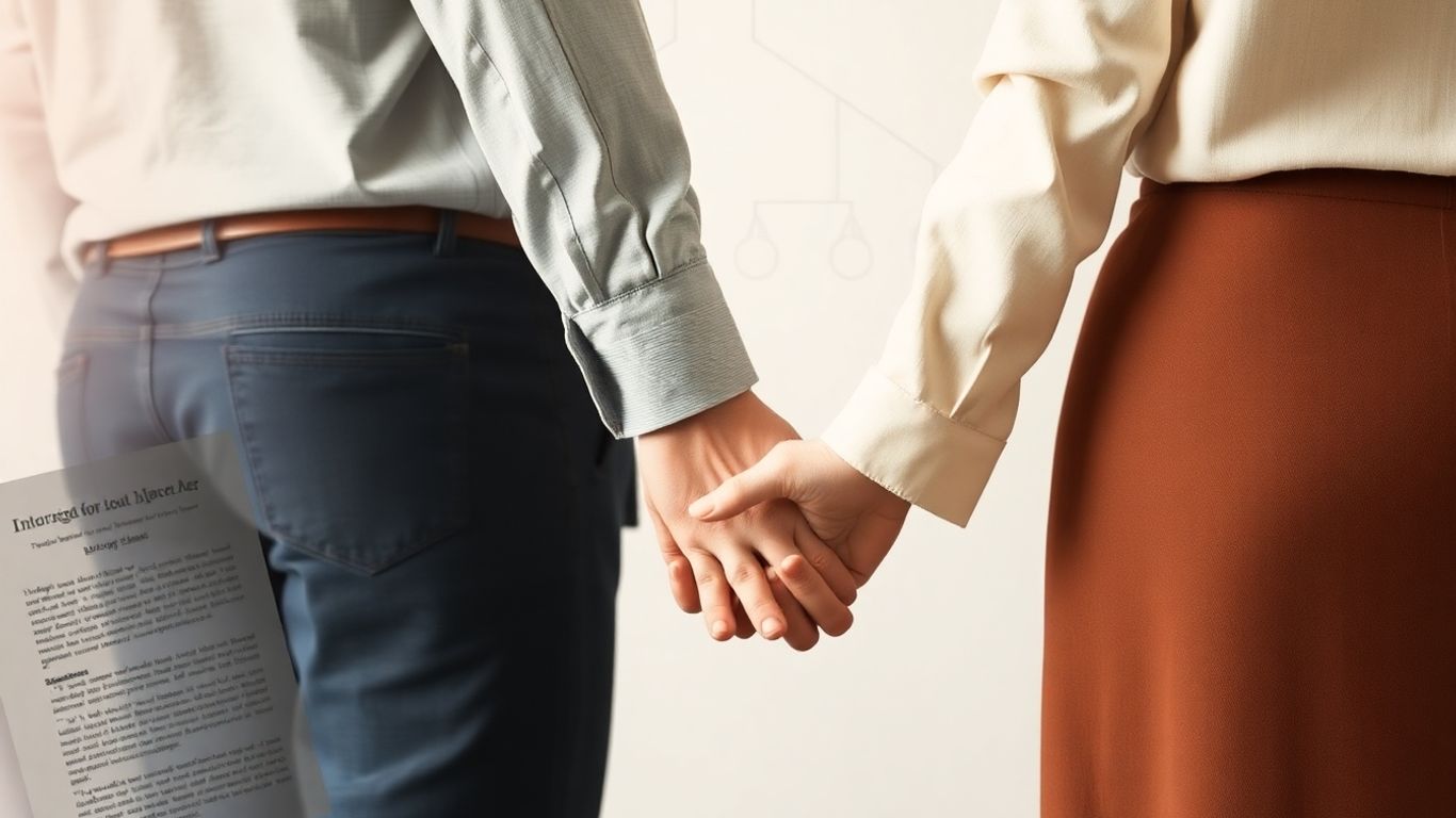 Couple holding hands with legal documents and family tree overlay.