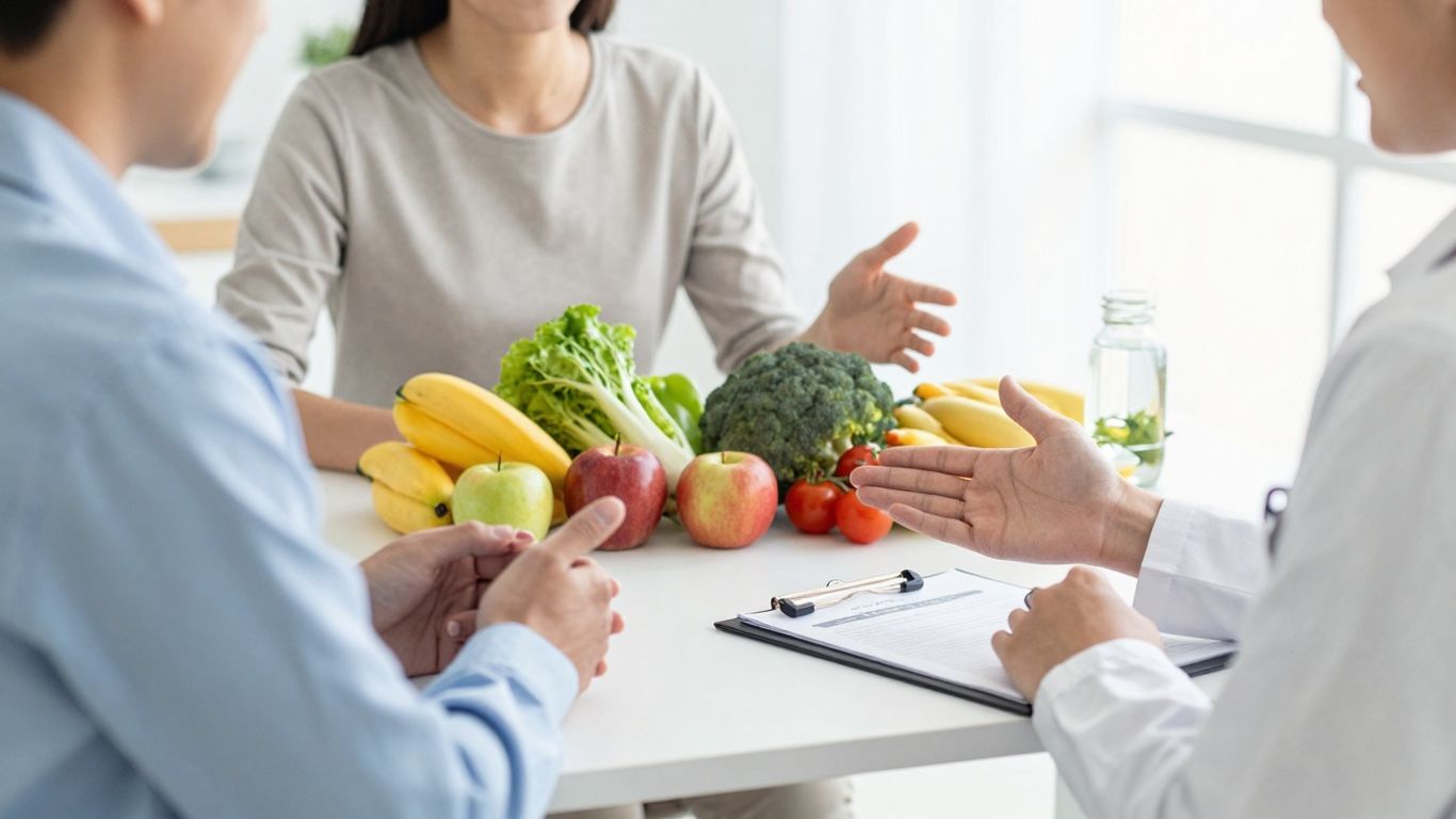 Nutricionista auxiliando paciente com plano alimentar para emagrecimento.