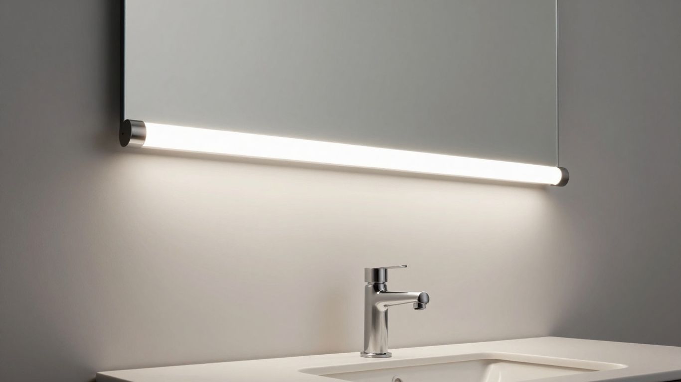 Modern bathroom vanity with above mirror light fixture.