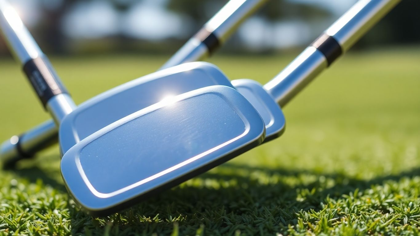 Golf iron set on a green golf course.