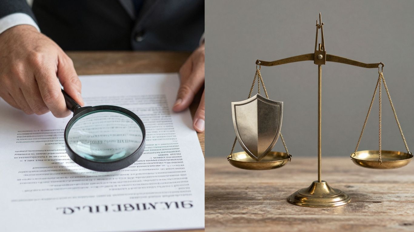 Balanza con escudo y documento, lupa sobre póliza.