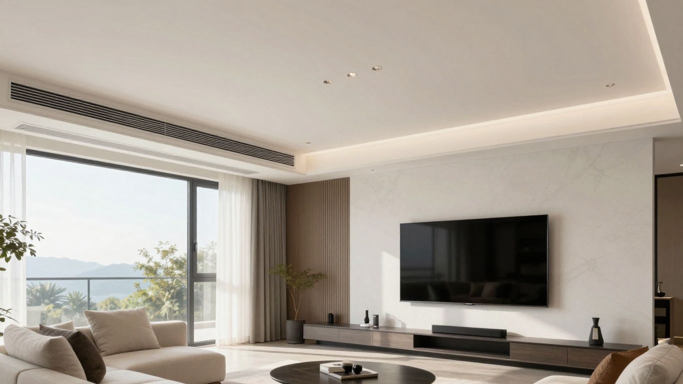 Modern living room with advanced HVAC vents and natural light.