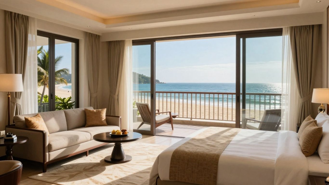 Luxe hotelkamer met uitzicht op strand en zee.