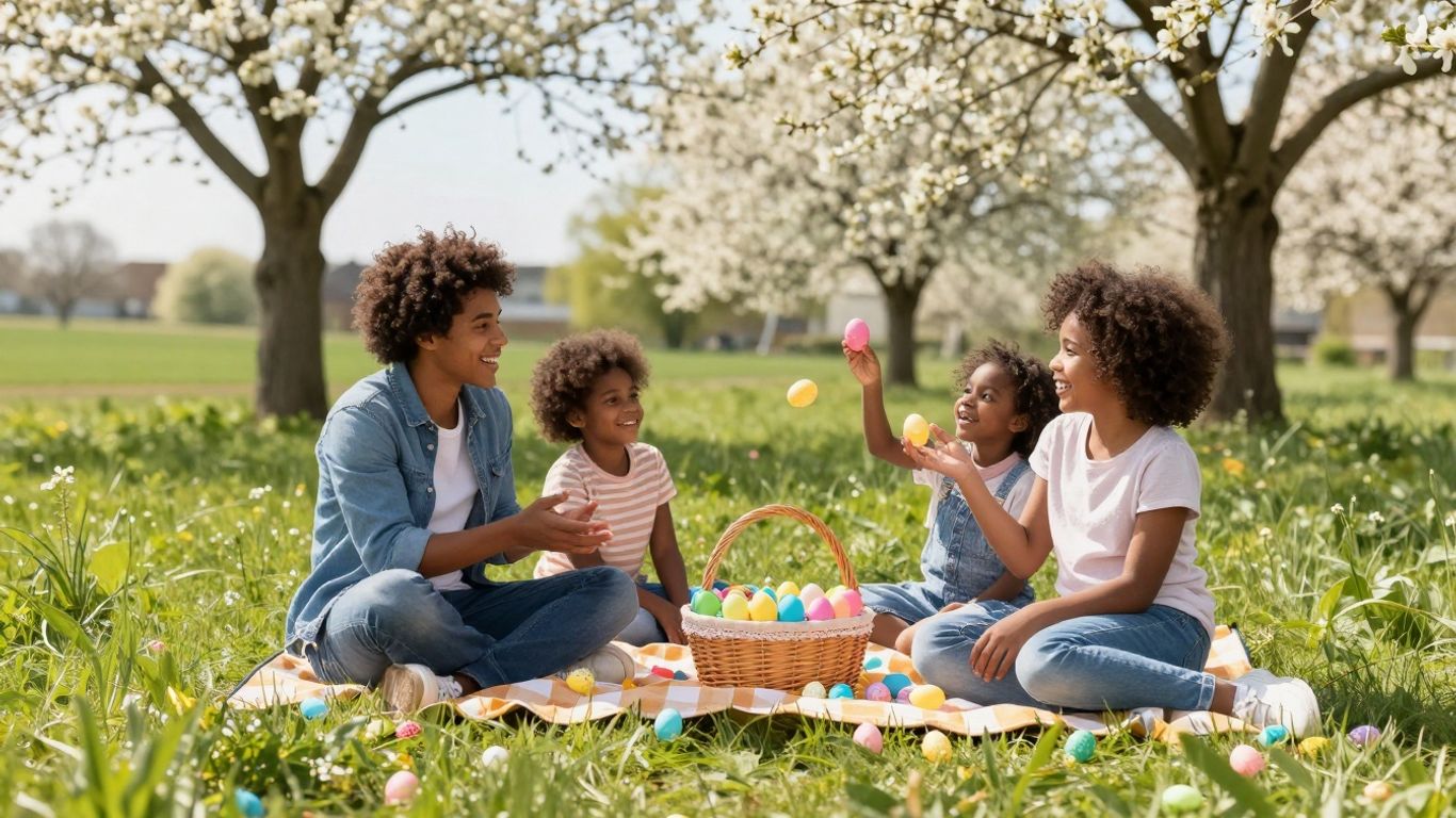 Osterferien 2026 NRW: Familie feiert im Freien mit bunten Eiern.