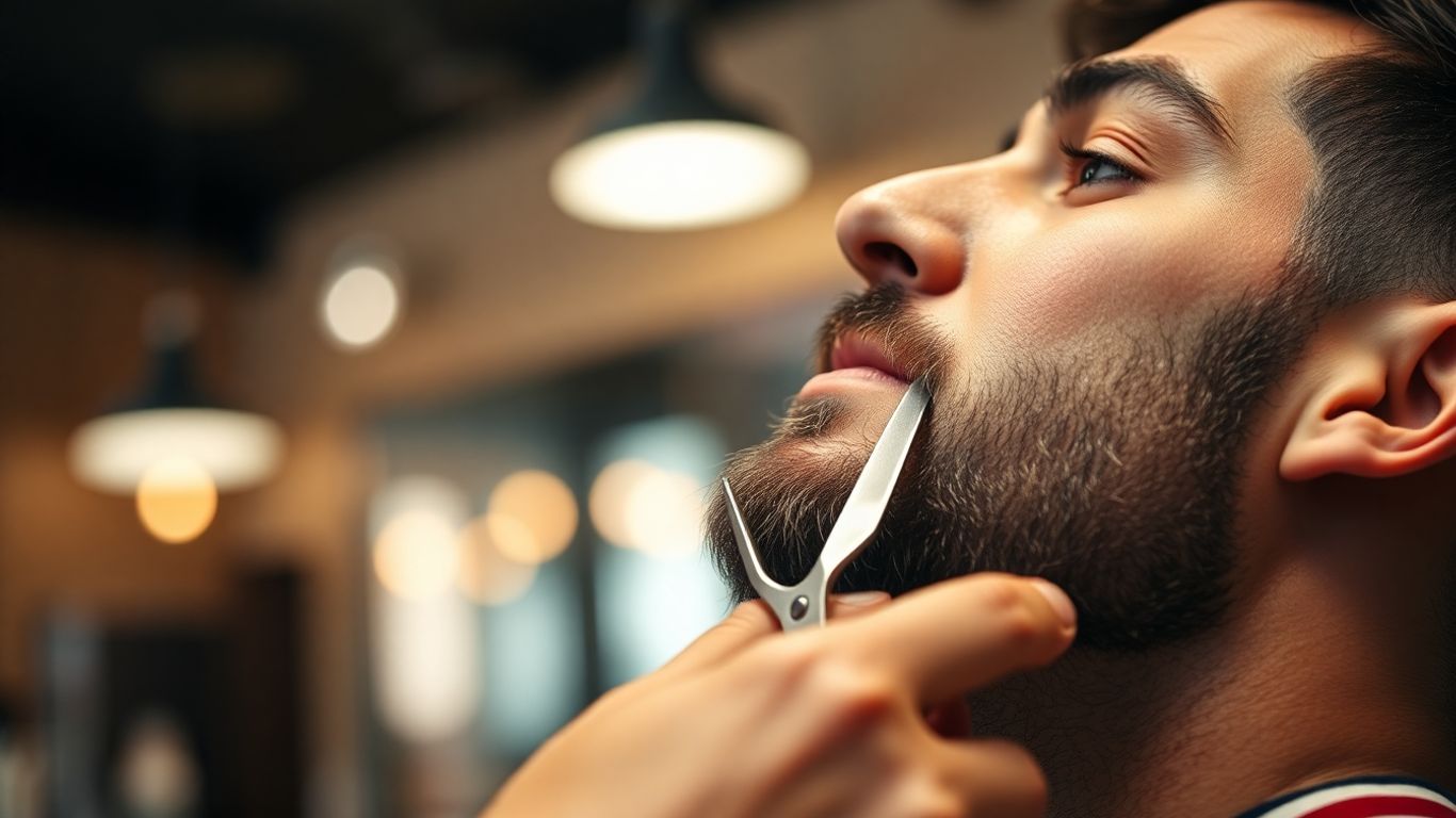 Barber trimming client's beard with scissors in a stylish shop.