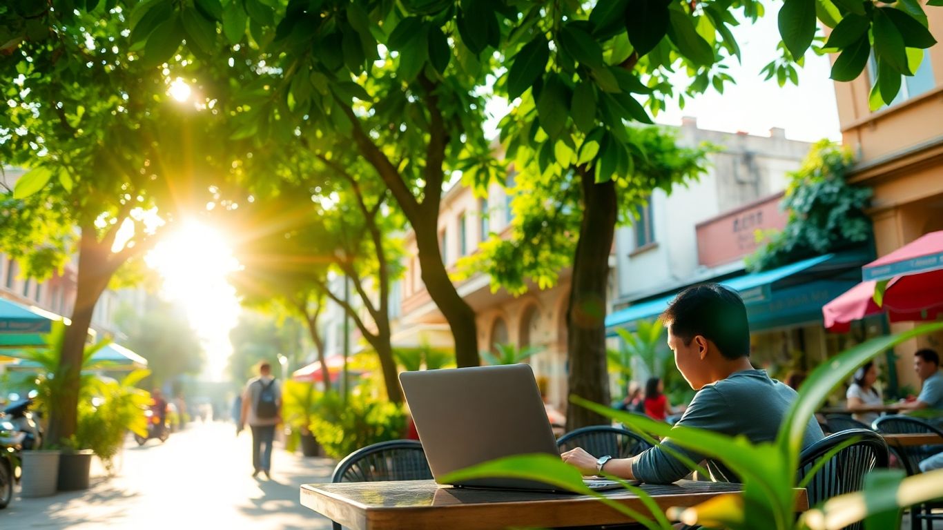 Person working on a laptop at a cafe in Ho Chi Minh City.