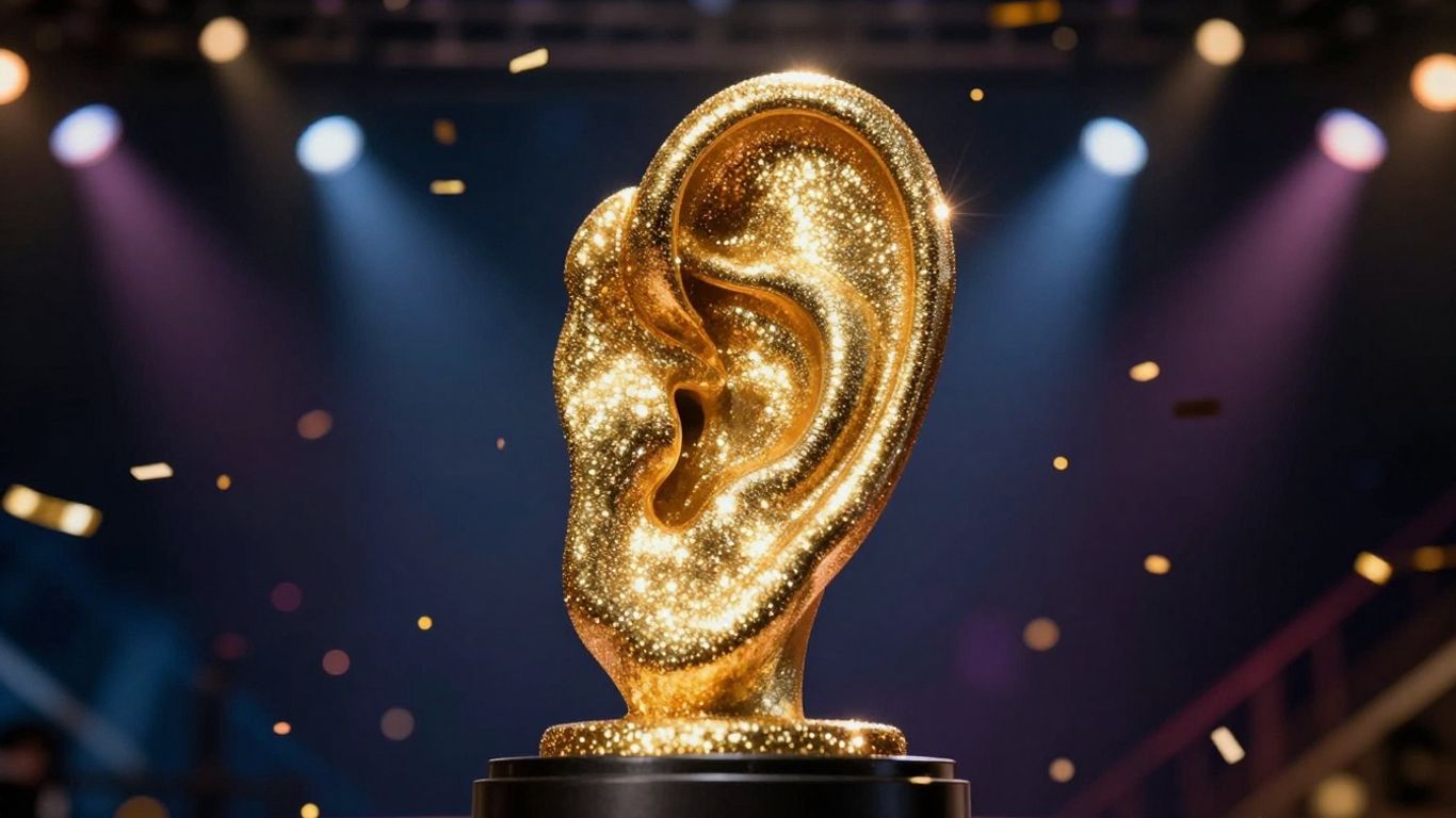 Golden ear award statue with confetti and spotlights.