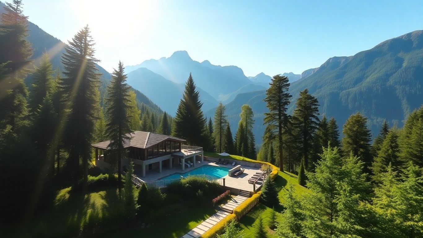 Serene mountain spa retreat with majestic peaks.