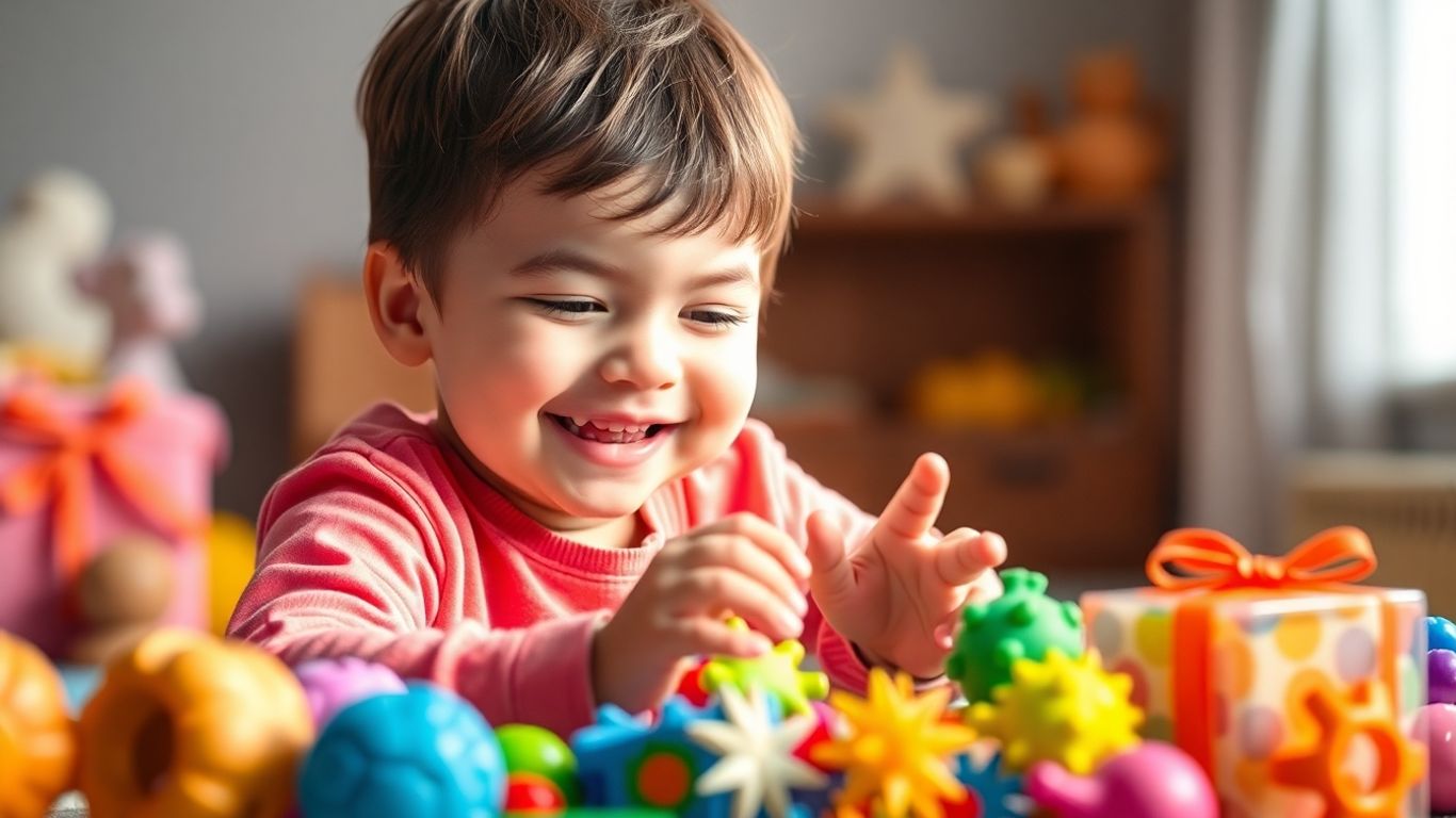 Child playing with colorful sensory Christmas gifts.