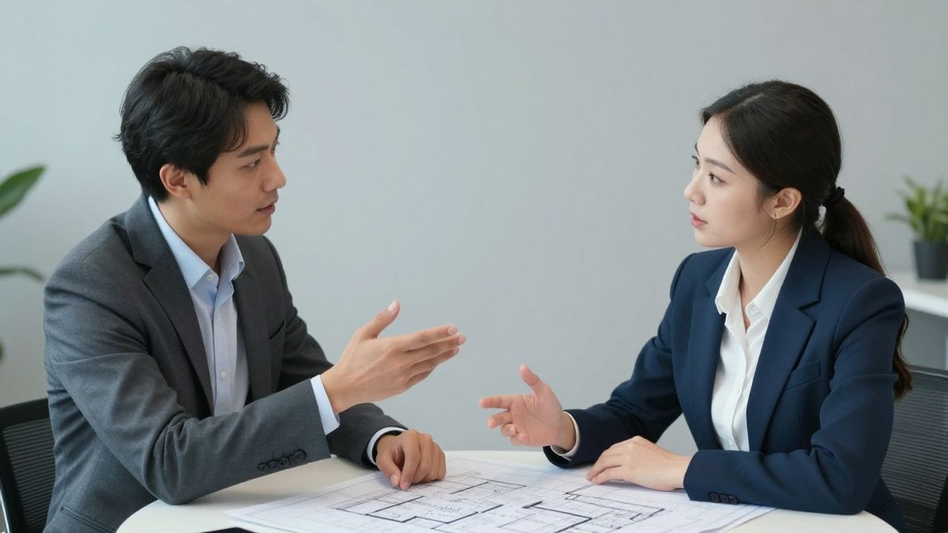 Zwei Personen besprechen ein Dokument mit blauen Akzenten.