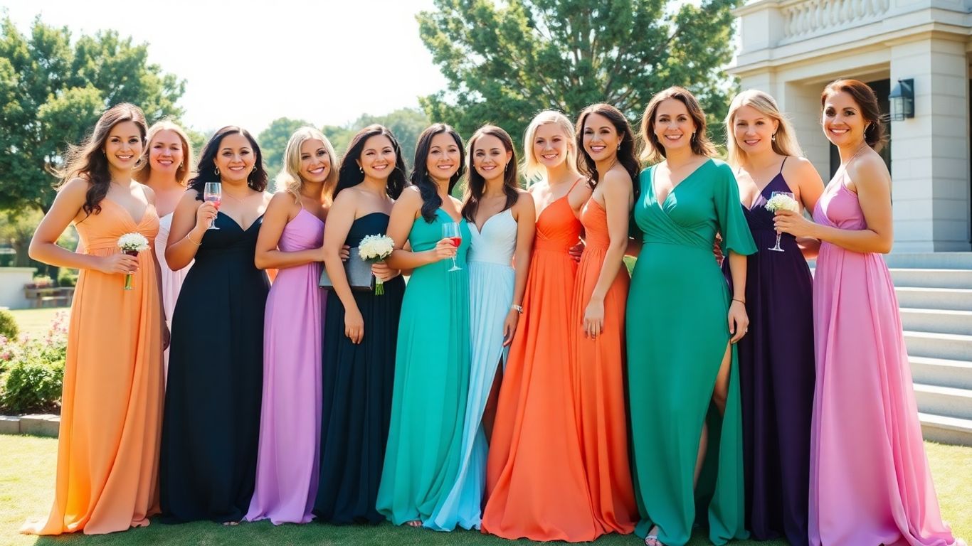 Frauen in eleganten Maxikleidern für eine Hochzeit.