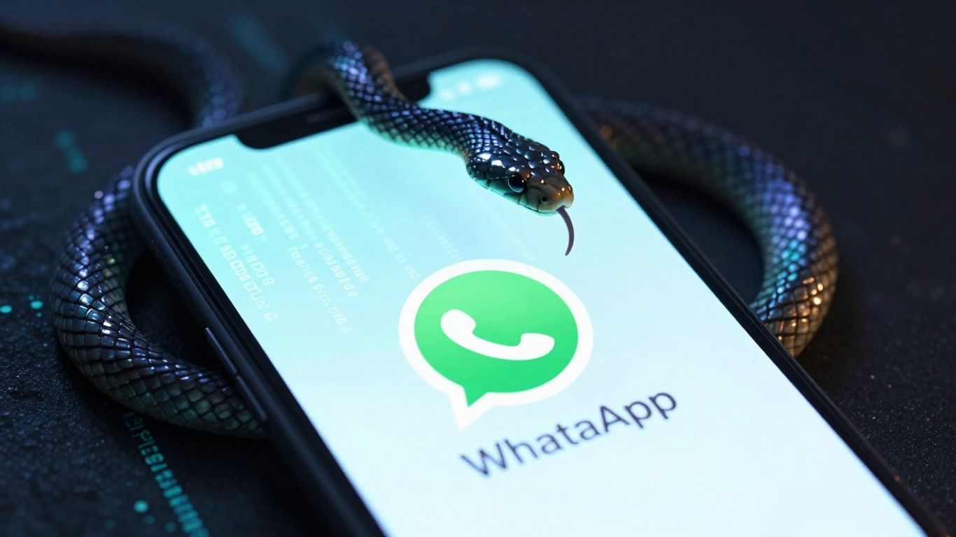Digital worm attacking WhatsApp on a smartphone.