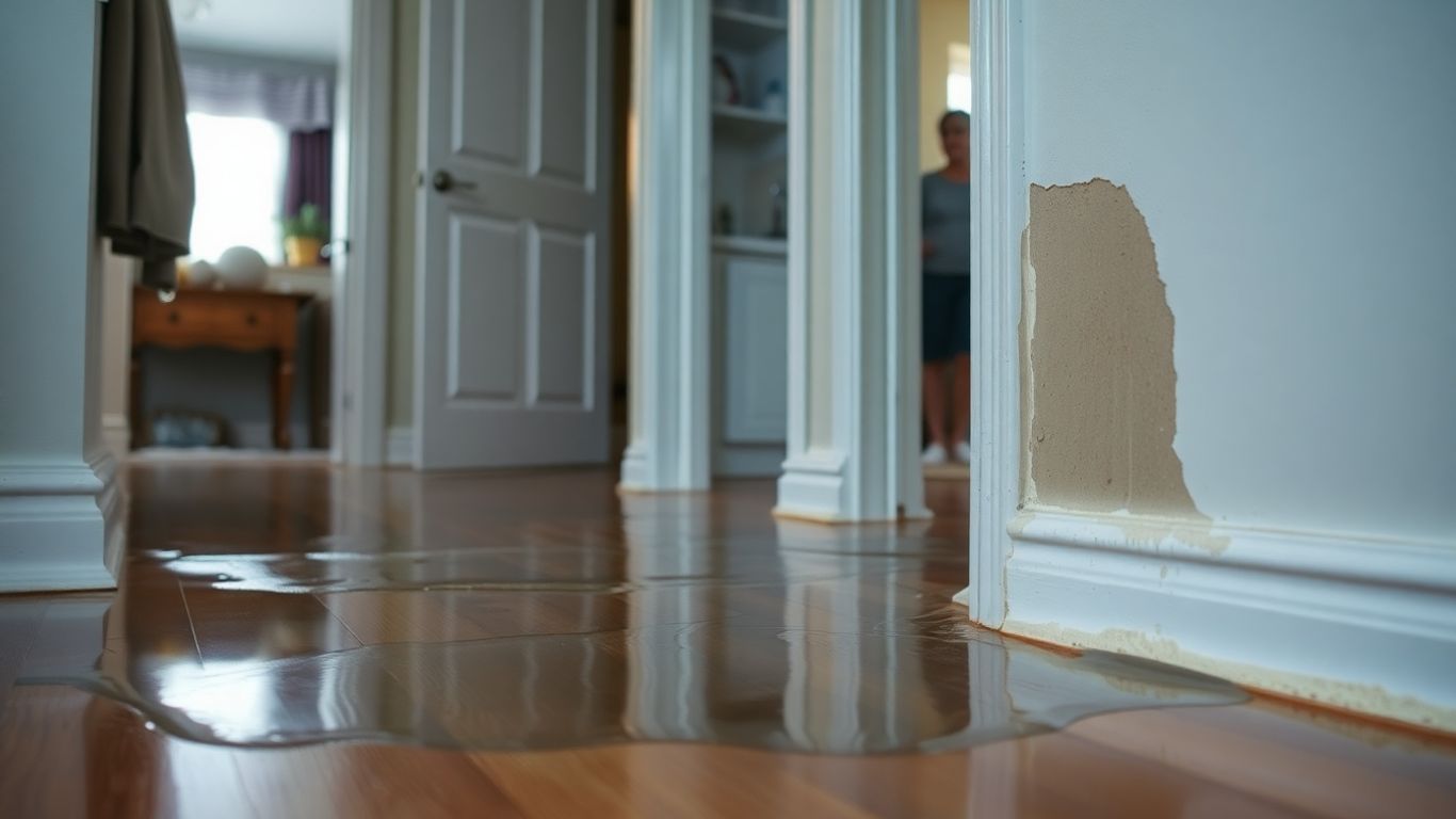 Daños por agua en el suelo y la pared de una casa.