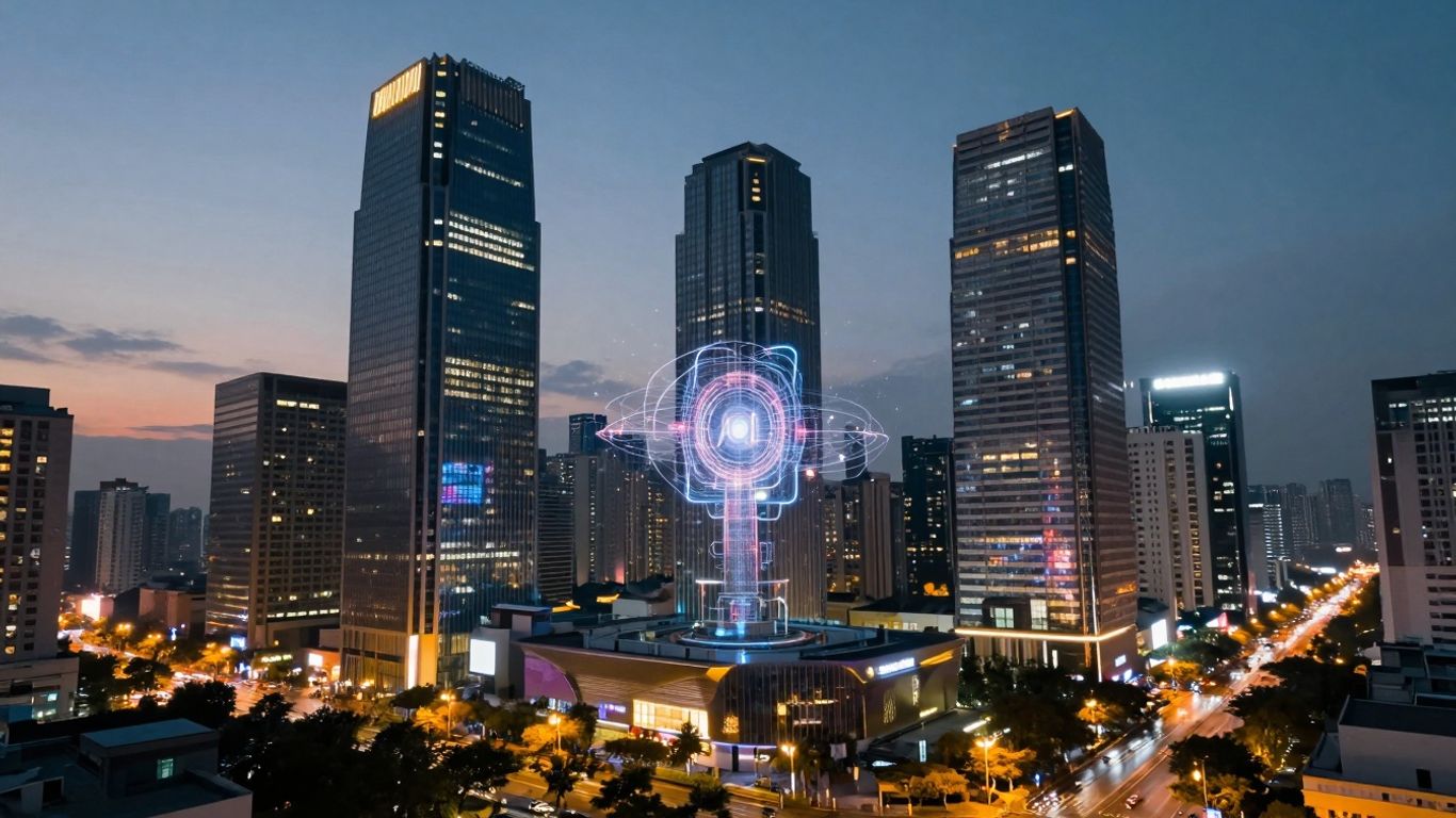 Futuristic cityscape with AI core